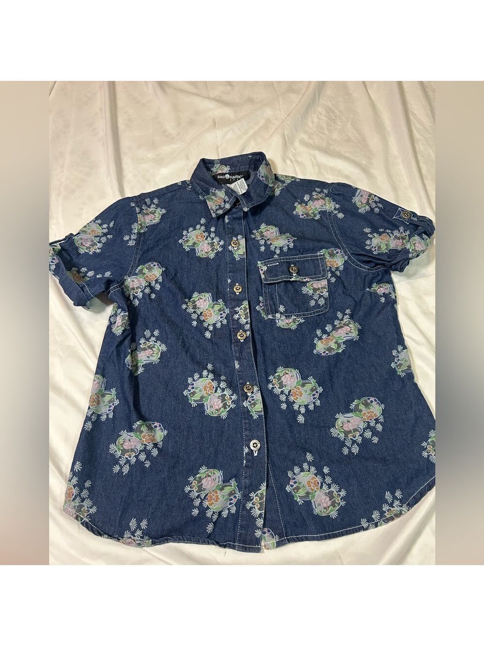 VTG Sag Harbor Sport Womens Tropical Denim Shirt Size S Blue Short Sleeve
